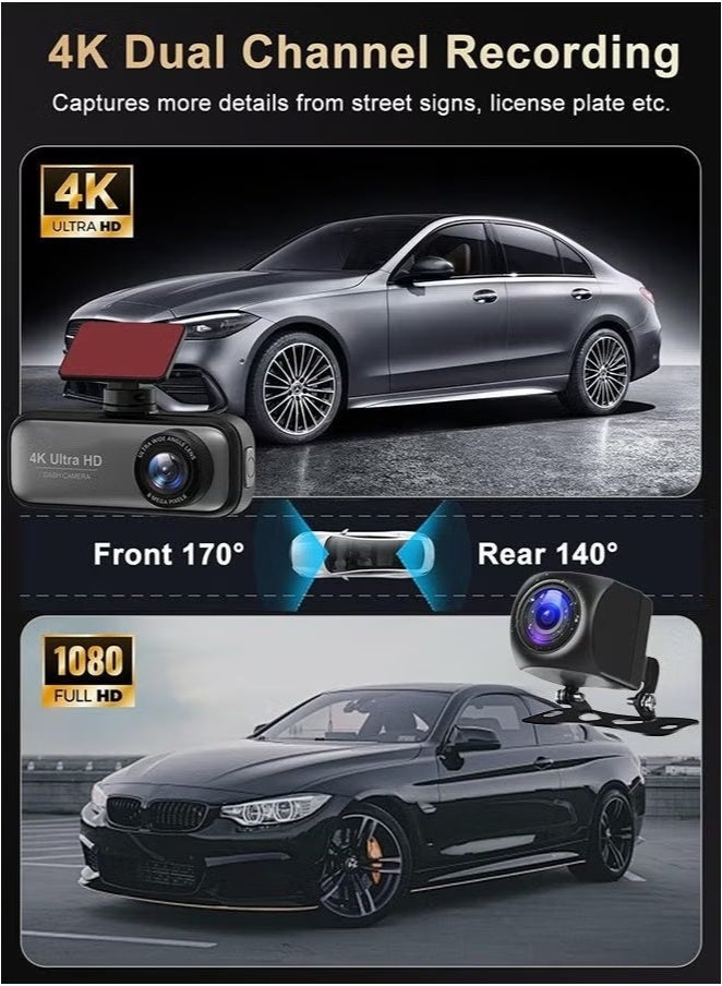 4K Dash Cam with 64GB SD Card for Car 3840*2160P Dual Lens Support 1080P Rear Camera, G-Sensor, Loop Recording, WIFI GPS 24H Parking Monitoring, Night Vision - Image 3